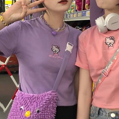 Cute cat kitten embroidery anime cartoon crop top short sleeve shirt t-shirt top summer casual e-girl kawaii korean japanese harajuku streetwear - Thumbnail 4