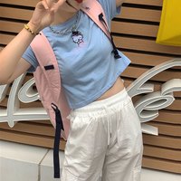 Cute Cat Kitten Embroidery Anime Cartoon Crop Top Short Sleeve Shirt T-shirt Top Summer Casual E-Girl Kawaii Korean Japanese Harajuku Streetwear - Thumbnail 7