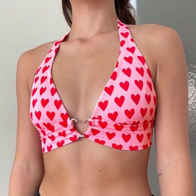 Cute pink heart print halter bustier crop top sleeveless backless lace up bralette summer casual e-girl kawaii korean japanese harajuku streetwear