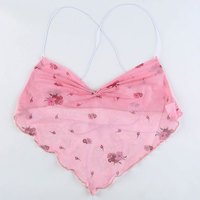 Cute Pink Blue Flower Print Mesh Halter Crop Top Blouse Sleeveless Shirt Club Party Summer Casual E-Girl Kawaii Korean Japanese Harajuku Streetwear - Thumbnail 5