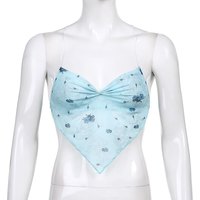 Cute Pink Blue Flower Print Mesh Halter Crop Top Blouse Sleeveless Shirt Club Party Summer Casual E-Girl Kawaii Korean Japanese Harajuku Streetwear - Thumbnail 3