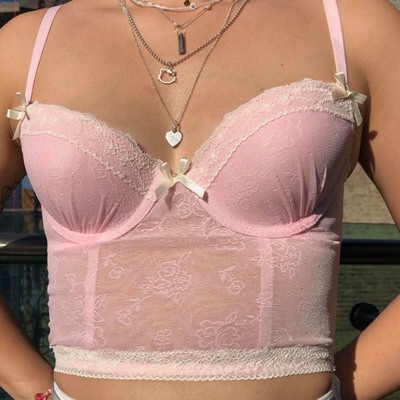 Cute Sexy Pink Sweet Lace Trim Bow Crop Top V Neck Transparent Sleeveless Shirt Summer Party E-Girl Kawaii Korean Japanese Harajuku Streetwear