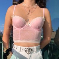 Cute Sexy Pink Sweet Lace Trim Bow Crop Top V Neck Transparent Sleeveless Shirt Summer Party E-Girl Kawaii Korean Japanese Harajuku Streetwear - Thumbnail 2