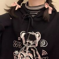 Cute Black Bear Cartoon Print Loose Long Sleeve Hoodie Sweatshirt Sweater Pullover Jumper Punk Goth E-Girl Kawaii Korean Japanese Harajuku Streetwear - Thumbnail 1