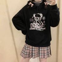 Cute Black Bear Cartoon Print Loose Long Sleeve Hoodie Sweatshirt Sweater Pullover Jumper Punk Goth E-Girl Kawaii Korean Japanese Harajuku Streetwear - Thumbnail 2