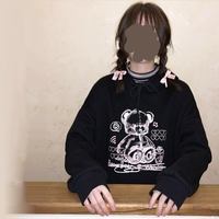 Cute Black Bear Cartoon Print Loose Long Sleeve Hoodie Sweatshirt Sweater Pullover Jumper Punk Goth E-Girl Kawaii Korean Japanese Harajuku Streetwear - Thumbnail 4