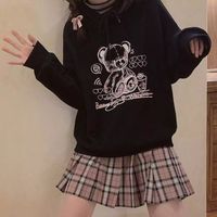 Cute Black Bear Cartoon Print Loose Long Sleeve Hoodie Sweatshirt Sweater Pullover Jumper Punk Goth E-Girl Kawaii Korean Japanese Harajuku Streetwear - Thumbnail 5