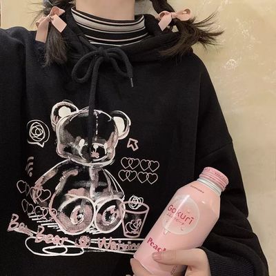 Cute black bear cartoon print loose long sleeve hoodie sweatshirt sweater pullover jumper punk goth e-girl kawaii korean japanese harajuku streetwear - Thumbnail 3