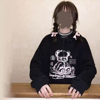 Cute Black Bear Cartoon Print Loose Long Sleeve Hoodie Sweatshirt Sweater Pullover Jumper Punk Goth E-Girl Kawaii Korean Japanese Harajuku Streetwear - Thumbnail 6