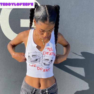 Cute Sexy White Skull Ribbed Sleeveless Tank Crop Top T-shirt Punk Goth Aesthetic  Summer Party E-Girl Kawaii Korean Japanese Harajuku Streetwear