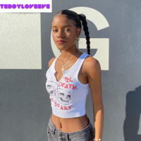 Cute Sexy White Skull Ribbed Sleeveless Tank Crop Top T-shirt Punk Goth Aesthetic  Summer Party E-Girl Kawaii Korean Japanese Harajuku Streetwear - Thumbnail 4