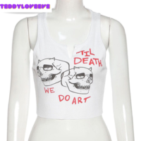Cute Sexy White Skull Ribbed Sleeveless Tank Crop Top T-shirt Punk Goth Aesthetic  Summer Party E-Girl Kawaii Korean Japanese Harajuku Streetwear - Thumbnail 6