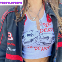 Cute Sexy White Skull Ribbed Sleeveless Tank Crop Top T-shirt Punk Goth Aesthetic  Summer Party E-Girl Kawaii Korean Japanese Harajuku Streetwear - Thumbnail 2