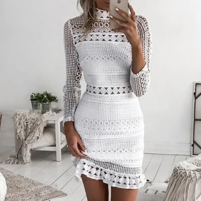 White sexy long sleeve lace stitching dress