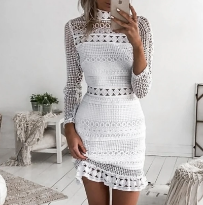 White Sexy Long Sleeve Lace Stitching Dress