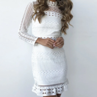 White Sexy Long Sleeve Lace Stitching Dress - Thumbnail 1