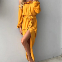 Yellow Fashion Sexy Long Sleeve Ruffled Dress - Thumbnail 1