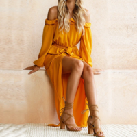 Yellow Fashion Sexy Long Sleeve Ruffled Dress - Thumbnail 3