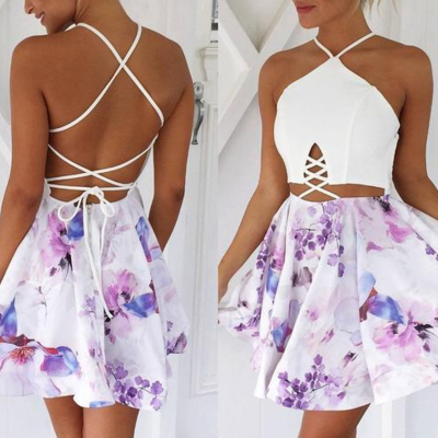 Sleeveless sexy backless printed dress
