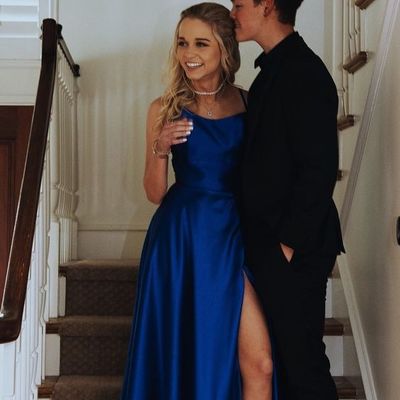 Simple a-line scoop neck cross back satin prom evening dress,954