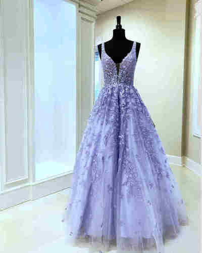 Gorgeous V-Neck Tulle Lavender Long Prom Dress with Lace Appliques,955