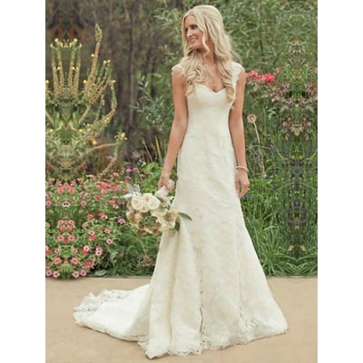 Vintage lace cap sleeves a-line wedding dress, trumpet lace appliques long bridal gown, covered button court train satin wedding dress,957