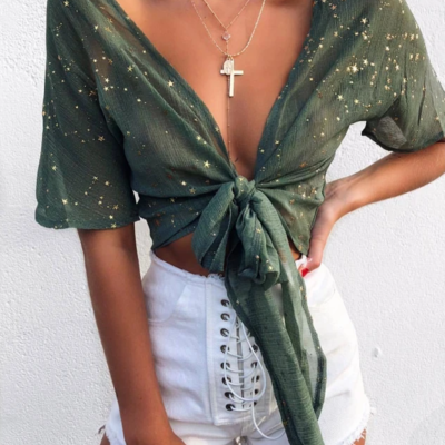 Lace sexy v-neck five-pointed star top