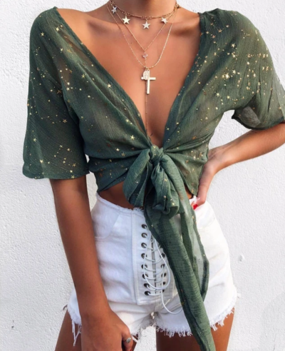 Lace Sexy V-Neck Five-Pointed Star Top