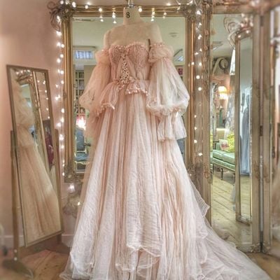 Princess pink tulle ruffles long prom dress,wedding gown with bubble sleeves,960