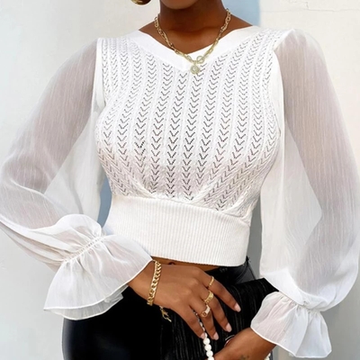 Design long sleeve mesh patchwork puffed sleeve blouse