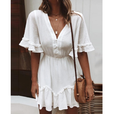 Solid color high waist v-neck short sleeve dress - Thumbnail 4