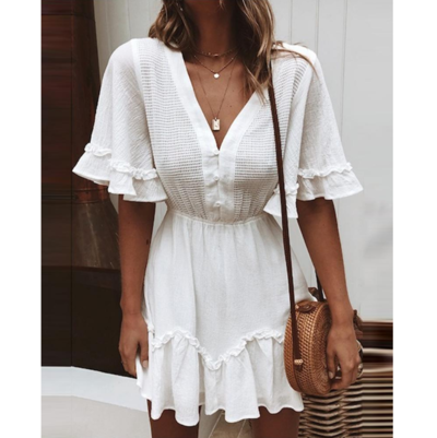 Solid Color High Waist V-Neck Short Sleeve Dress