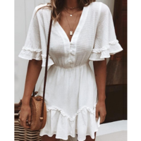 Solid Color High Waist V-Neck Short Sleeve Dress - Thumbnail 1