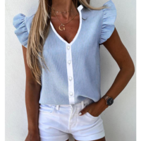 Ladies Blue Striped Ruffled Cardigan Shirt - Thumbnail 1