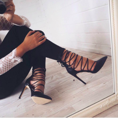 Black lace-up pointed-toe high heel stilettos s-410