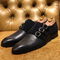 New Handmade Black Triple Monk Strap Leather Suede Men's Shoes - Thumbnail 1