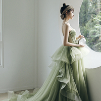 Green Tulle Long A Line Prom Dress Green Evening Dress - Thumbnail 2
