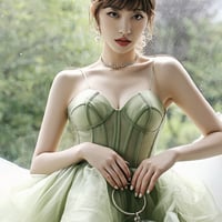 Green Tulle Long A Line Prom Dress Green Evening Dress - Thumbnail 4