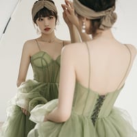 Green Tulle Long A Line Prom Dress Green Evening Dress - Thumbnail 6