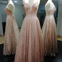 V Neck Blush Pink Sequin Long Prom Dresses with Beading - Thumbnail 1