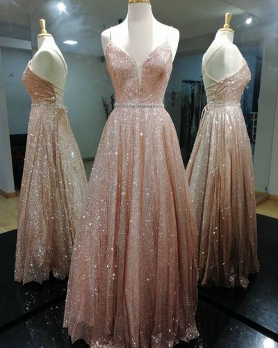 V Neck Blush Pink Sequin Long Prom Dresses with Beading