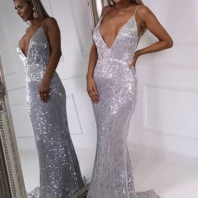 Sexy mermaid v neck backless silver sequin long prom dresses - Thumbnail 3