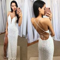 Chic Mermaid V Neck Cross Back White Sequin Long Prom Dresses - Thumbnail 1