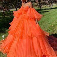 Orange Prom Dresses Off the Shoulder Ball Gown Party Dresses Long Prom Dress,606 - Thumbnail 1