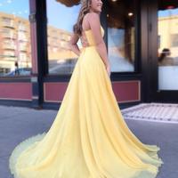 Charming A-Line Spaghetti Straps Cross Back Yellow Chiffon Long Prom Dresses,Formal Party Dresses,764 - Thumbnail 1
