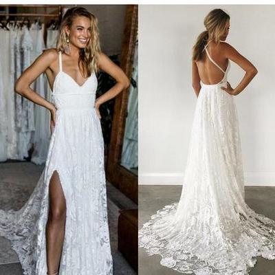 Simple elegant lace beach wedding dresses crisscross back sexy rose lace ivory beach bridal gowns,961
