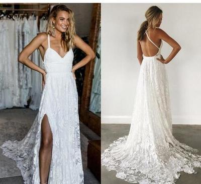 Simple Elegant Lace Beach Wedding Dresses Crisscross Back Sexy Rose Lace Ivory Beach Bridal Gowns,961