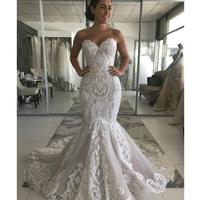 New Luxury South Africa Mermaid Wedding Dresses Sweetheart Lace Appliques Beaded Sleeveless Sweep Train Plus Size Formal Bridal Gowns,437 - Thumbnail 1