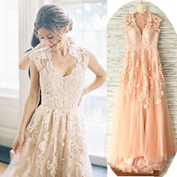 Vintage Lace V Neck Cap Sleeve Blush Wedding Gowns,Blush Lace Prom Dress,V Neck Lace A-line Wedding Dress,441 - Thumbnail 1