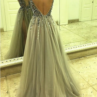 Sexy Side Split Prom Dress,Sleeveless Tulle Evening Dress,Long Party Dress,445 - Thumbnail 1